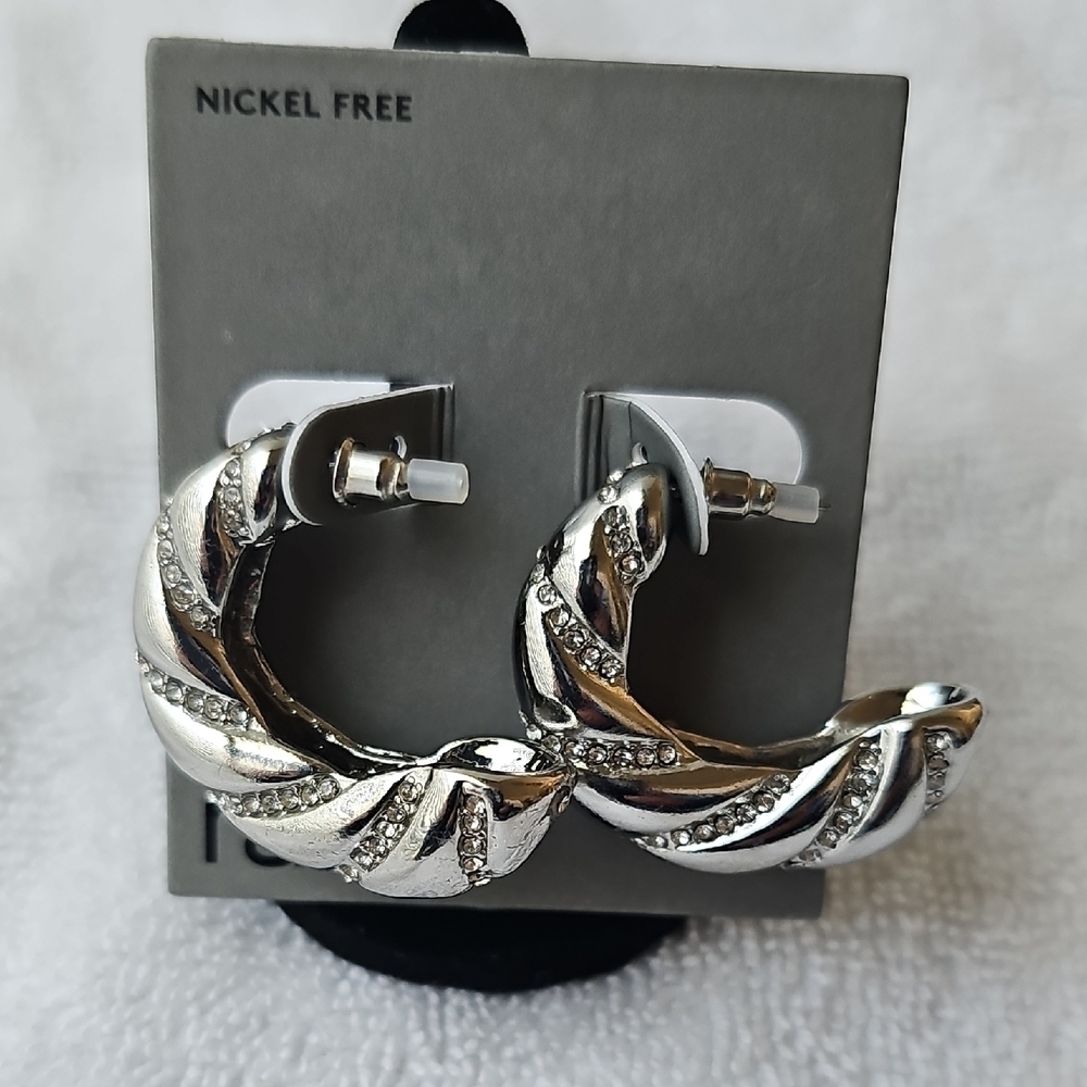 NEW Nordstrom Rack Pave Twisted Silver Hoop Earrings